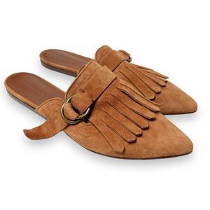 Jenni Kayne Brown Fringe Goatskin Suede Slip-On Mules Slide Buckle Women’s - 8.5